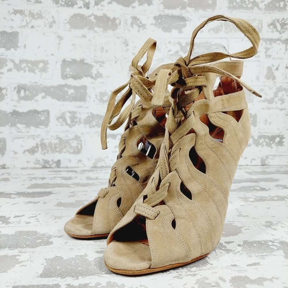 Alaia Beige Cut Out Suede Lace Up Peep Toe Heeled Ankle Booties M817 - Picture 2 of 15